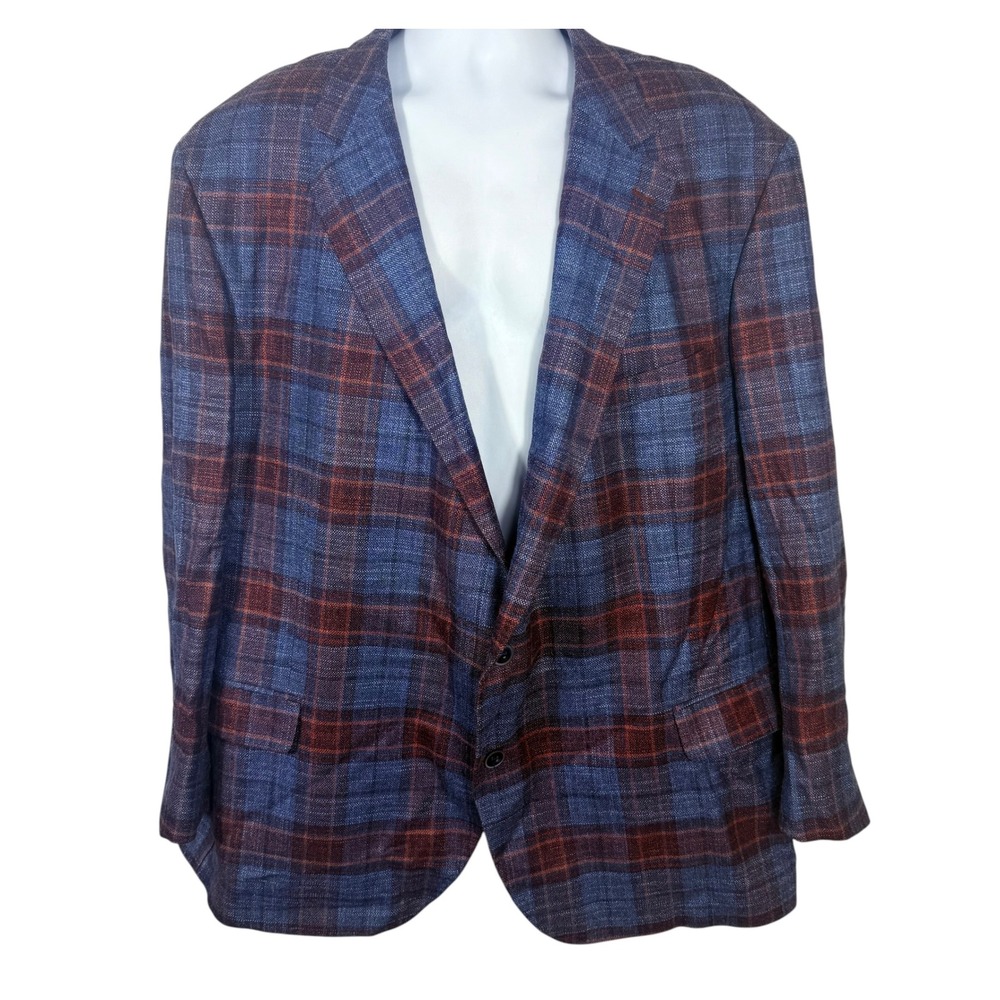Peter Millar Wool Silk Cashmere Plaid Sport Coat Blazer Blue Red 54R Portugal